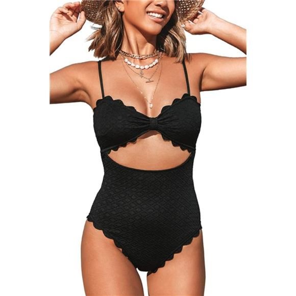 Women's One Piece Swimsuit Sexy Black Cutout Scallop Trim Bathing Suit - Picture 1 of 6
